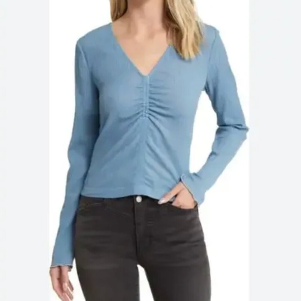 Madewell Shirred V Neck Top Blue Size Medium
